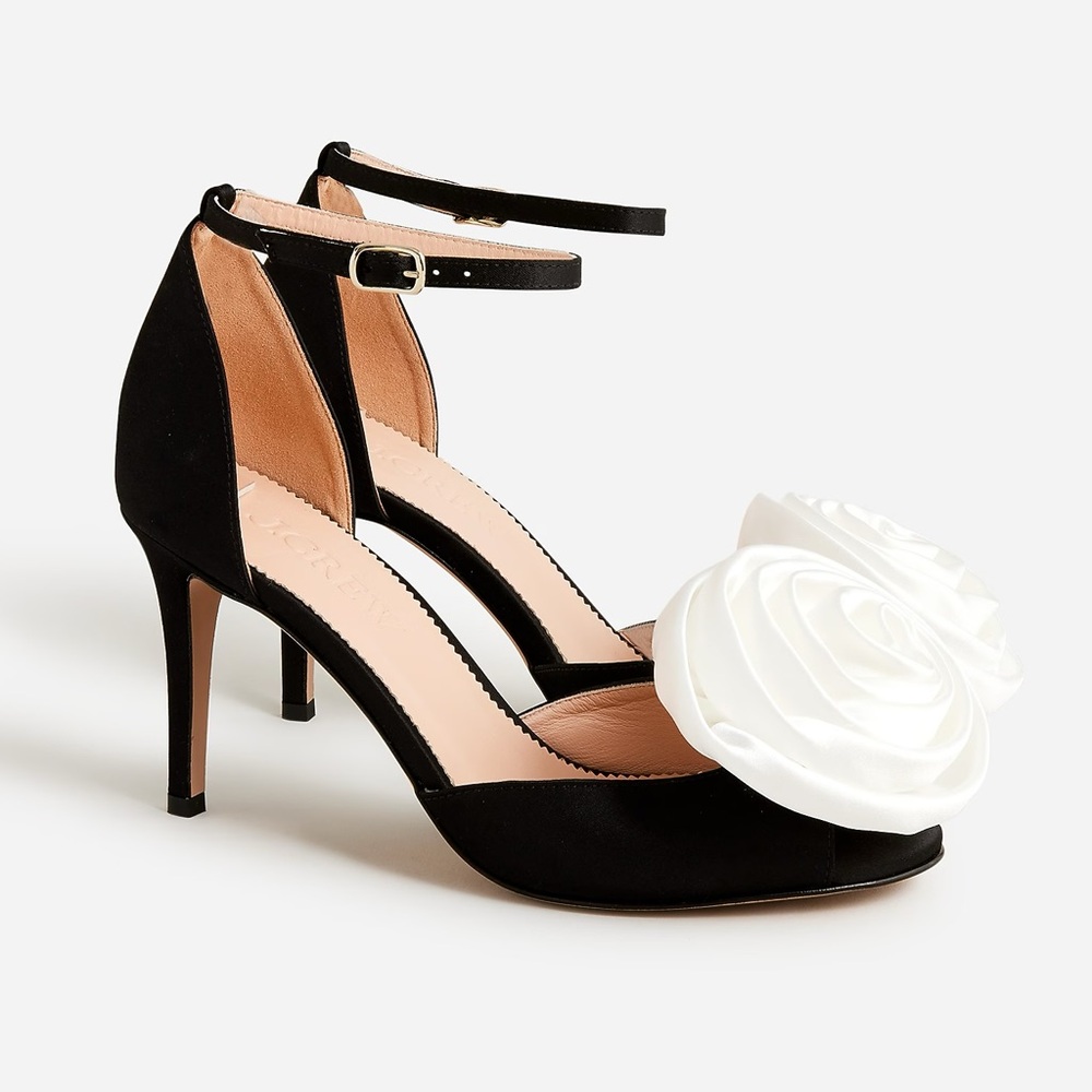 J. Crew Collection Rylie Rosette Heels Satin Black White Size 8 Formal Evening